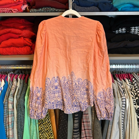 Venus coral/blue print cotton/viscose long balloon sleeve v neck top size 8 - Picture 3 of 3